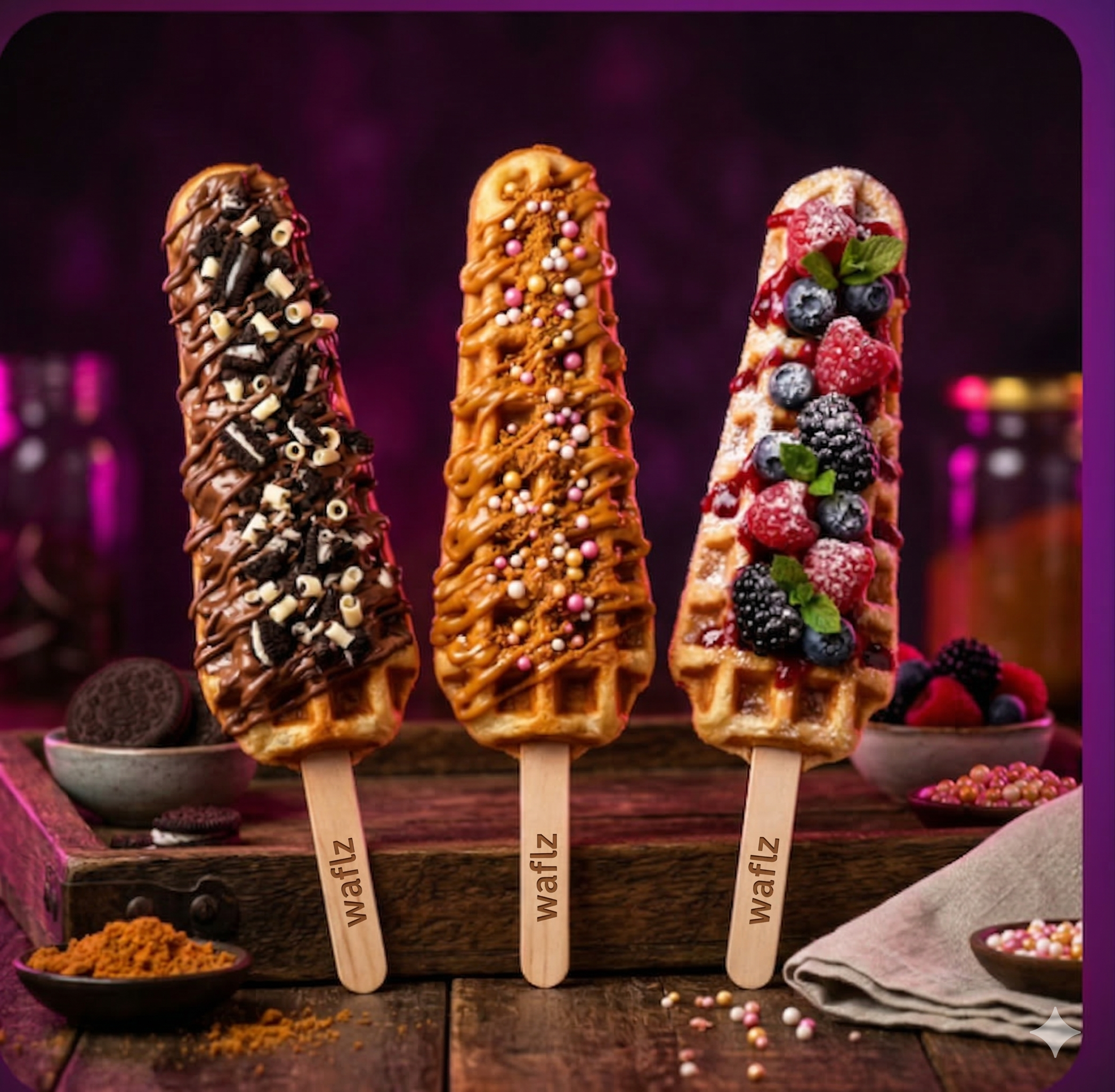 Three delicious tree waffles on sticks with premium toppings